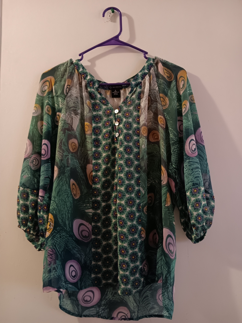 figueroa & flower Green and purple peacock feather print blouse